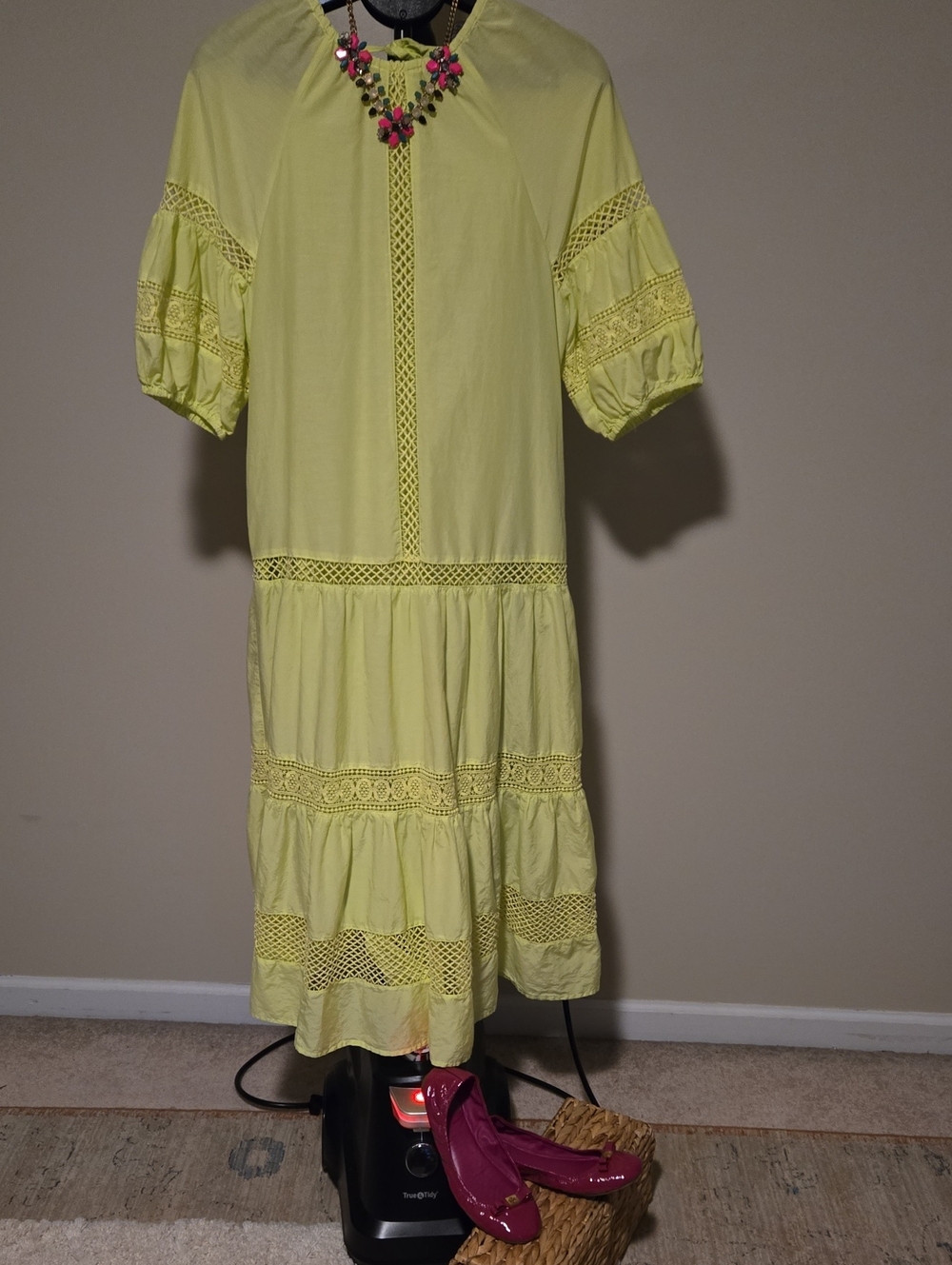 Marie Oliver Neon Lime Crochet-Trim Tiered Midi Dress